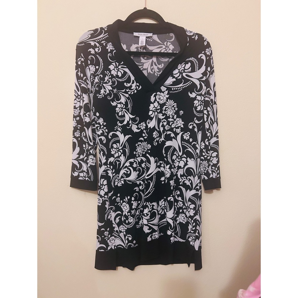 White House Black Market Tunic Women Small Black White Excellent Floral Damask